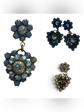 Vintage Blue Rhinestone Heart & Floral Drop Earrings